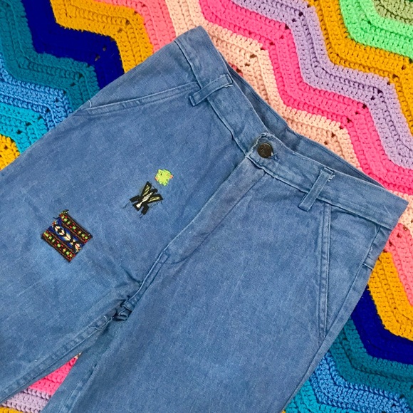 Vintage 70s embroidered bell bottom jeans mid rise - Picture 3 of 7